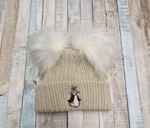 Unisex Baby Beige And Brown Knitted Rabbit Hat With Double Faux Fur Fluffy Pom