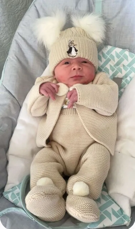 Unisex Baby Beige And Brown Knitted Rabbit Hat With Double Faux Fur Fluffy Pom