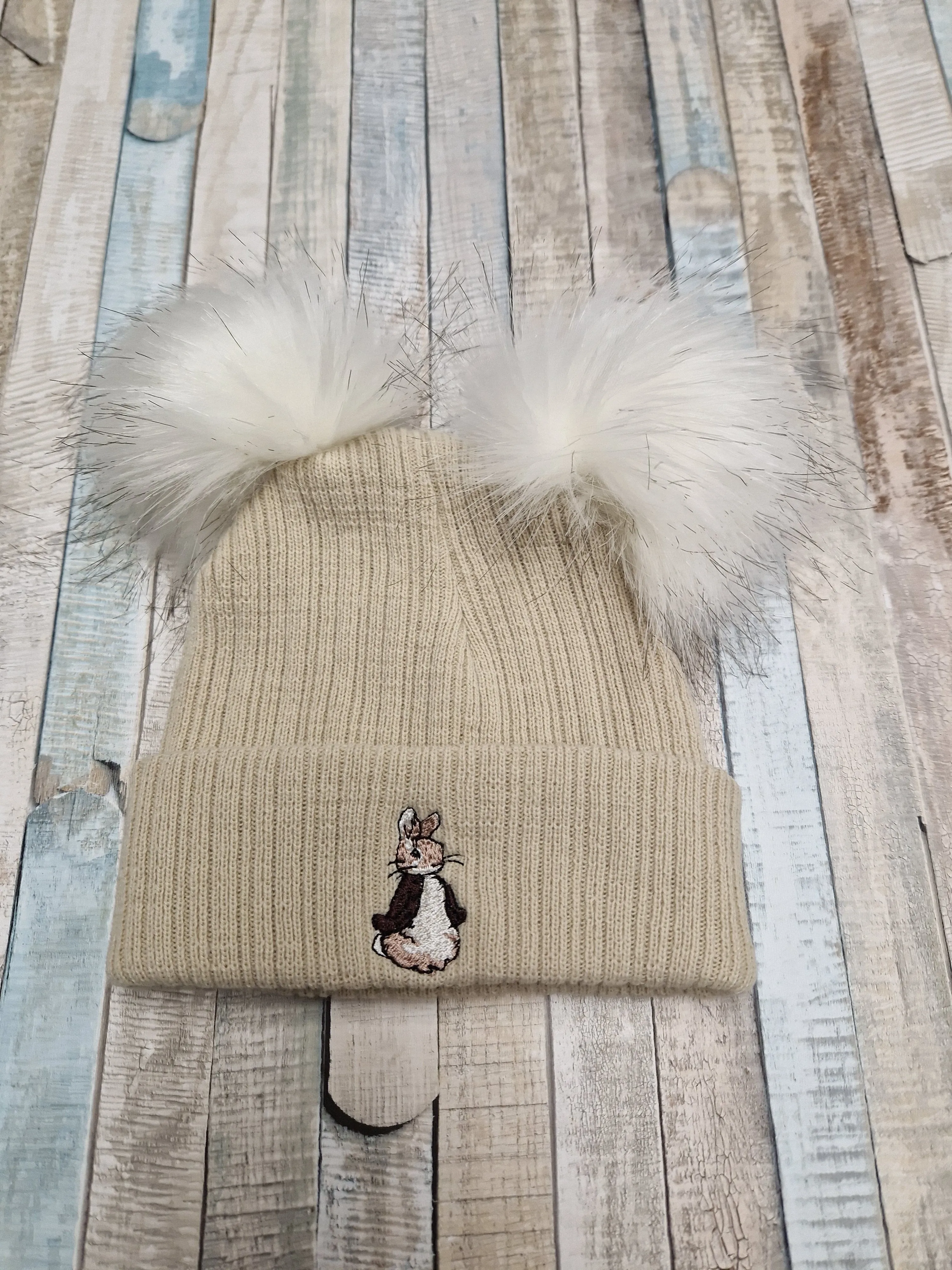Unisex Baby Beige And Brown Knitted Rabbit Hat With Double Faux Fur Fluffy Pom