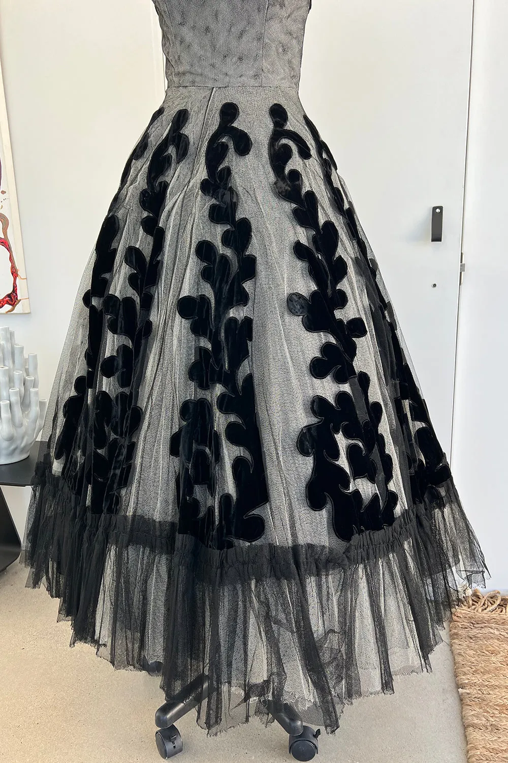 Unlabeled Haute Couture Late 1940s Early 1950s Net & Velvet Dress