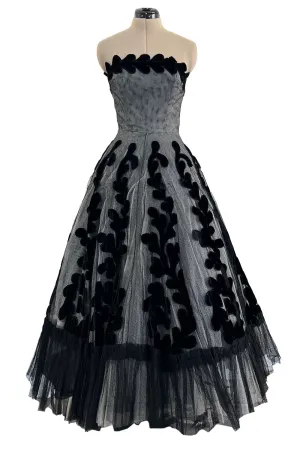 Unlabeled Haute Couture Late 1940s Early 1950s Net & Velvet Dress