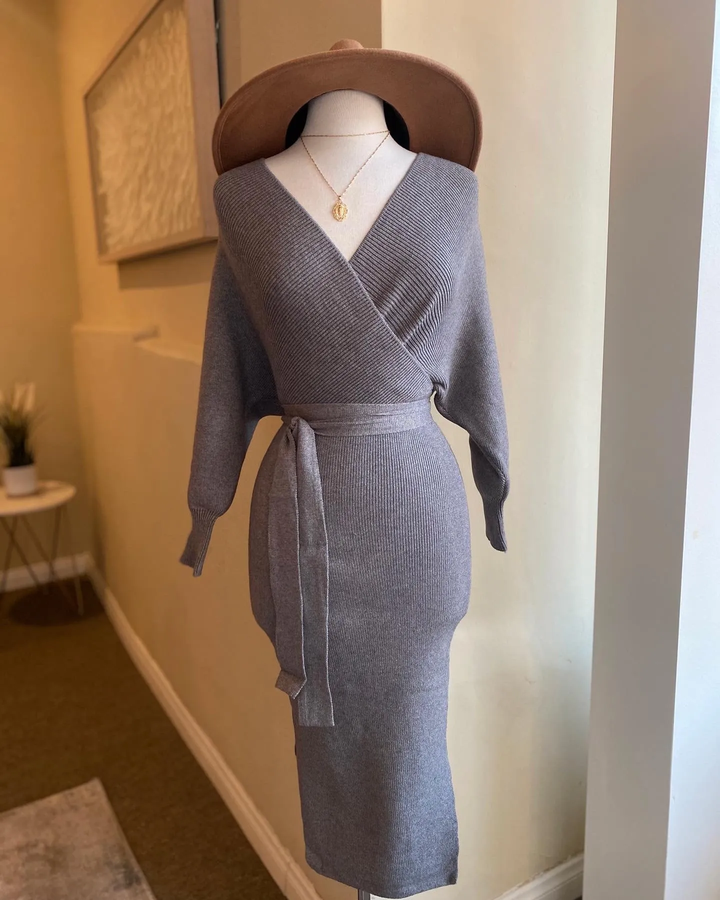 V Cut Ribbed Sweater Dress