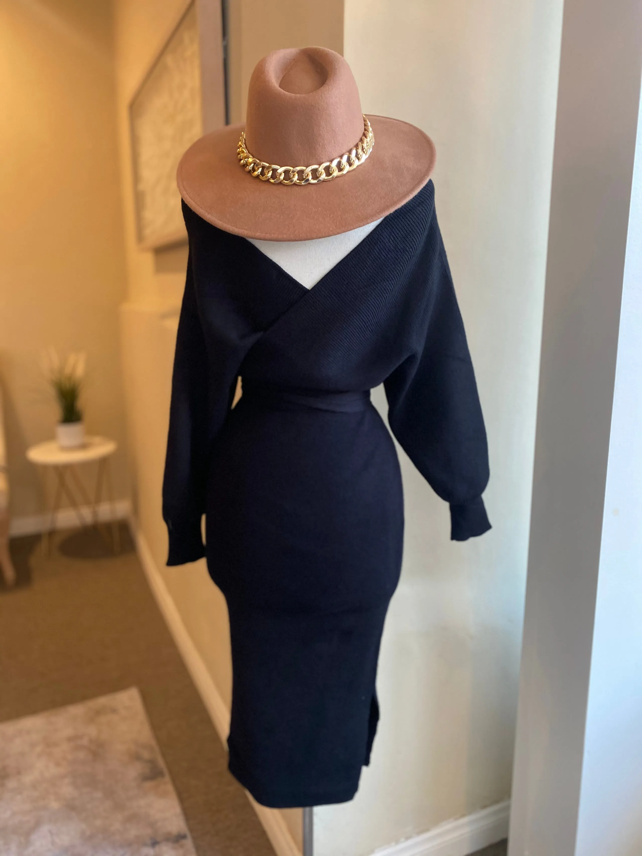 V Cut Ribbed Sweater Dress