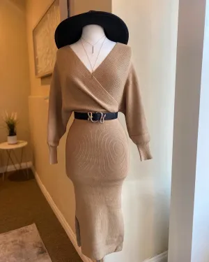 V Cut Ribbed Sweater Dress