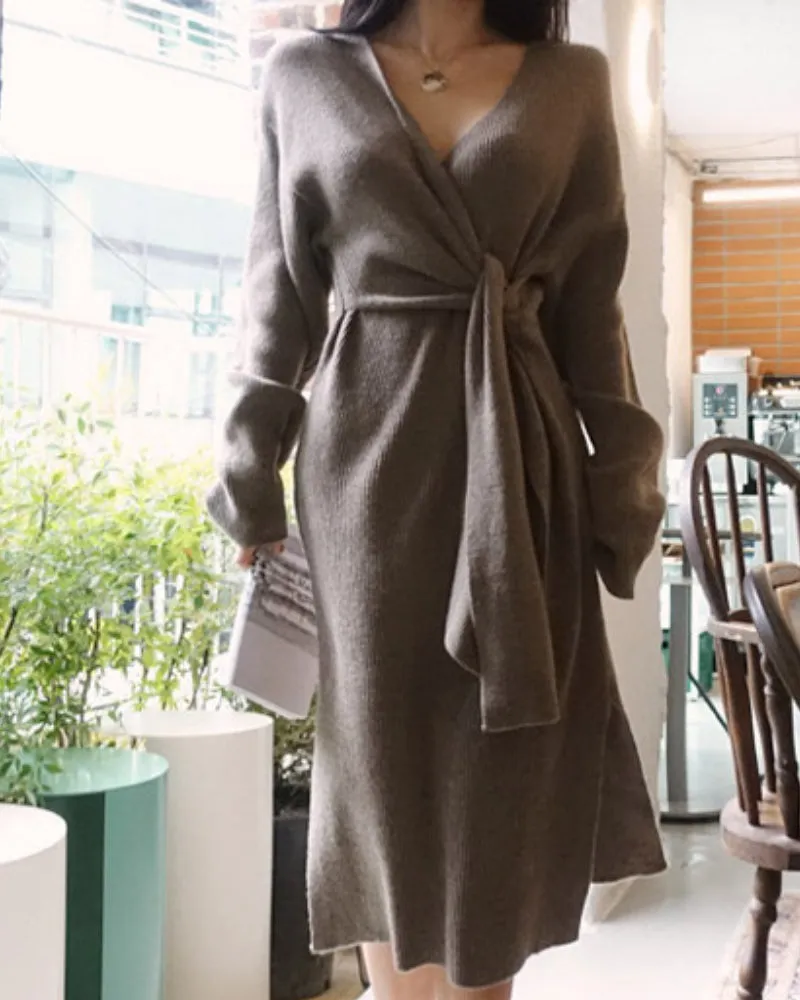 V-neck Cross Straps Long Knit Cardigan Midi Dresses White