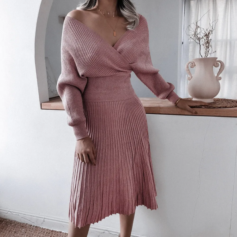 V-neck Irregular Hem Pleated Knit Sweater Midi Dresses