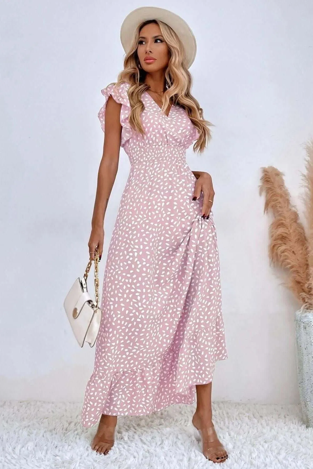 V-Neck Ruffle Sleeve High Waist Dress