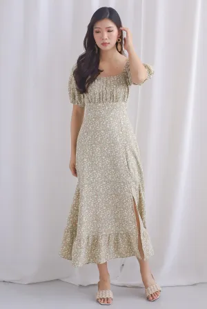 Vandelia Puffy Sleeve Ruched Maxi Dress In Sage Floral