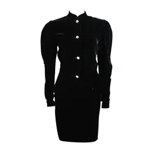 VICKY TIEL Black Velvet Skirt Suit with Rhinestone Buttons Size Small