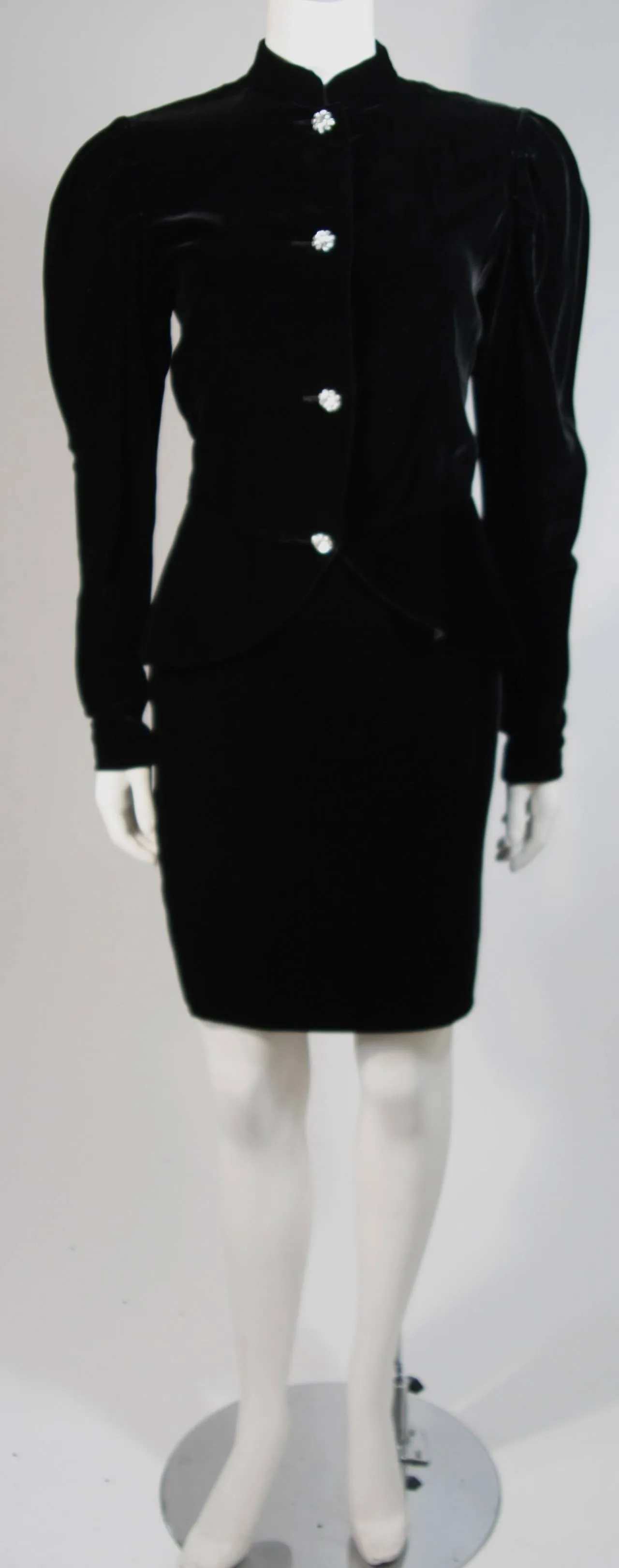 VICKY TIEL Black Velvet Skirt Suit with Rhinestone Buttons Size Small