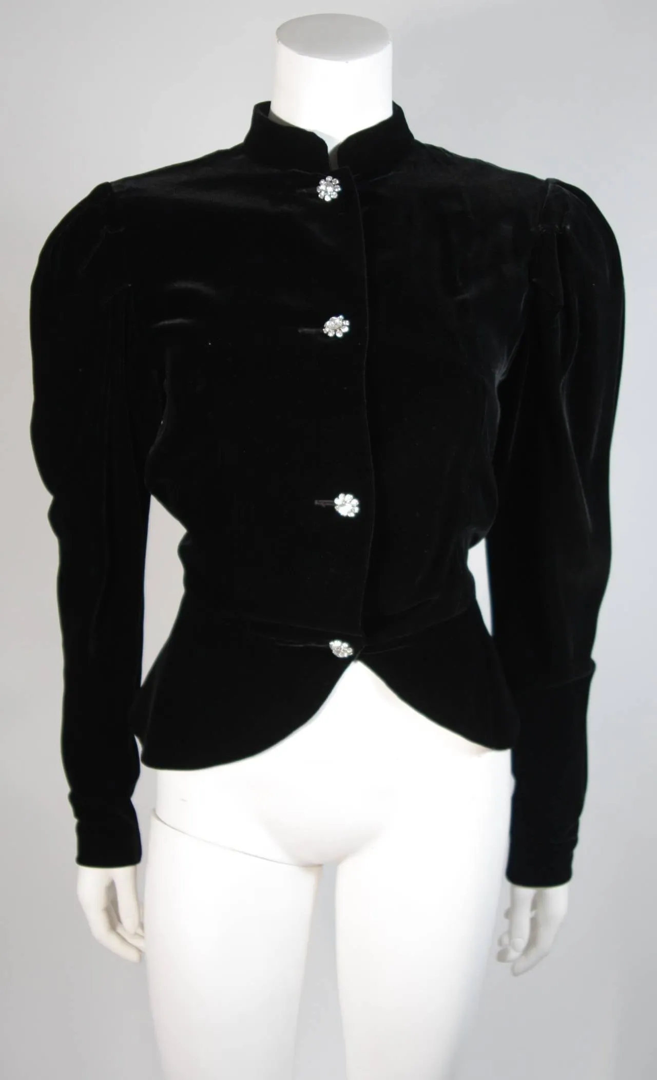 VICKY TIEL Black Velvet Skirt Suit with Rhinestone Buttons Size Small