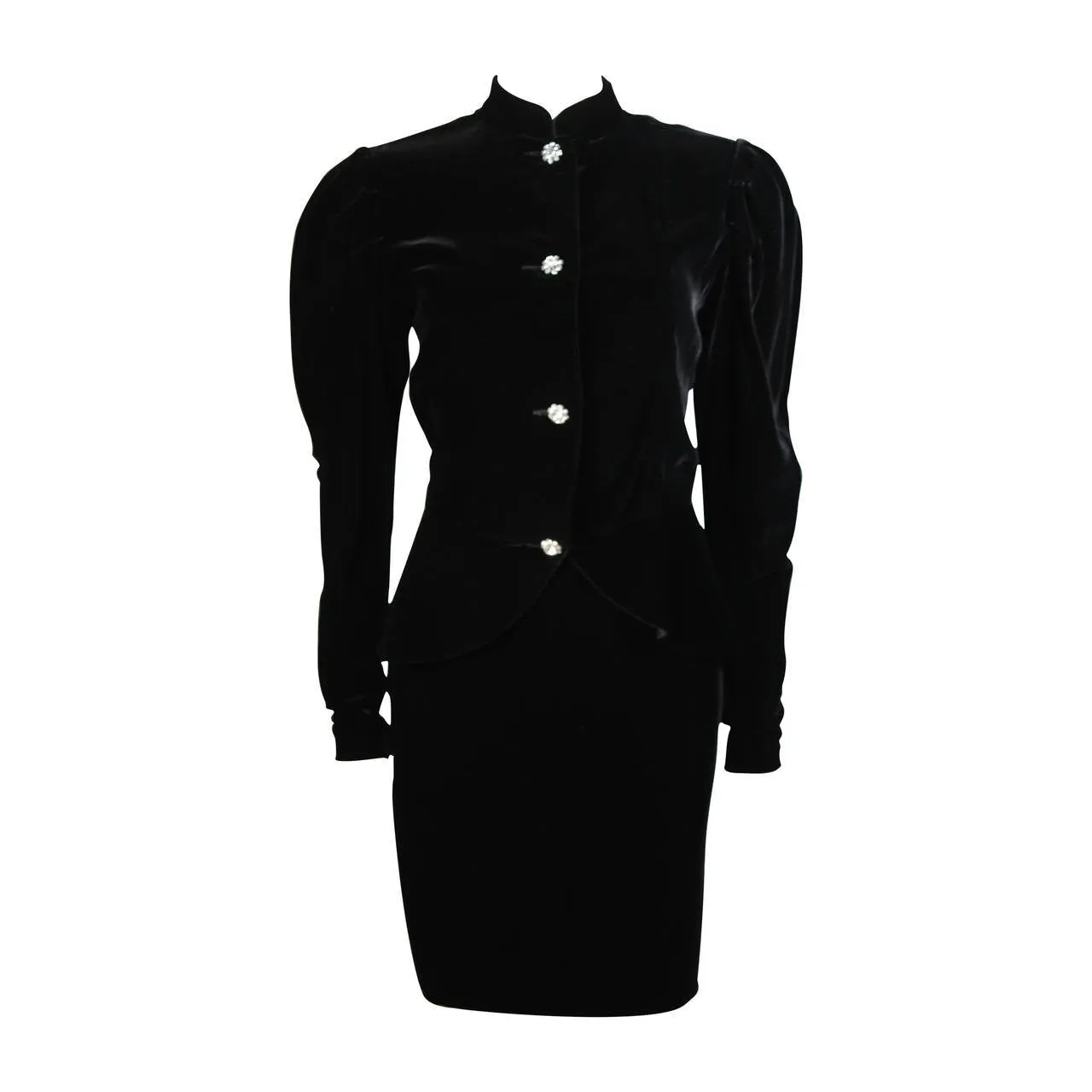 VICKY TIEL Black Velvet Skirt Suit with Rhinestone Buttons Size Small