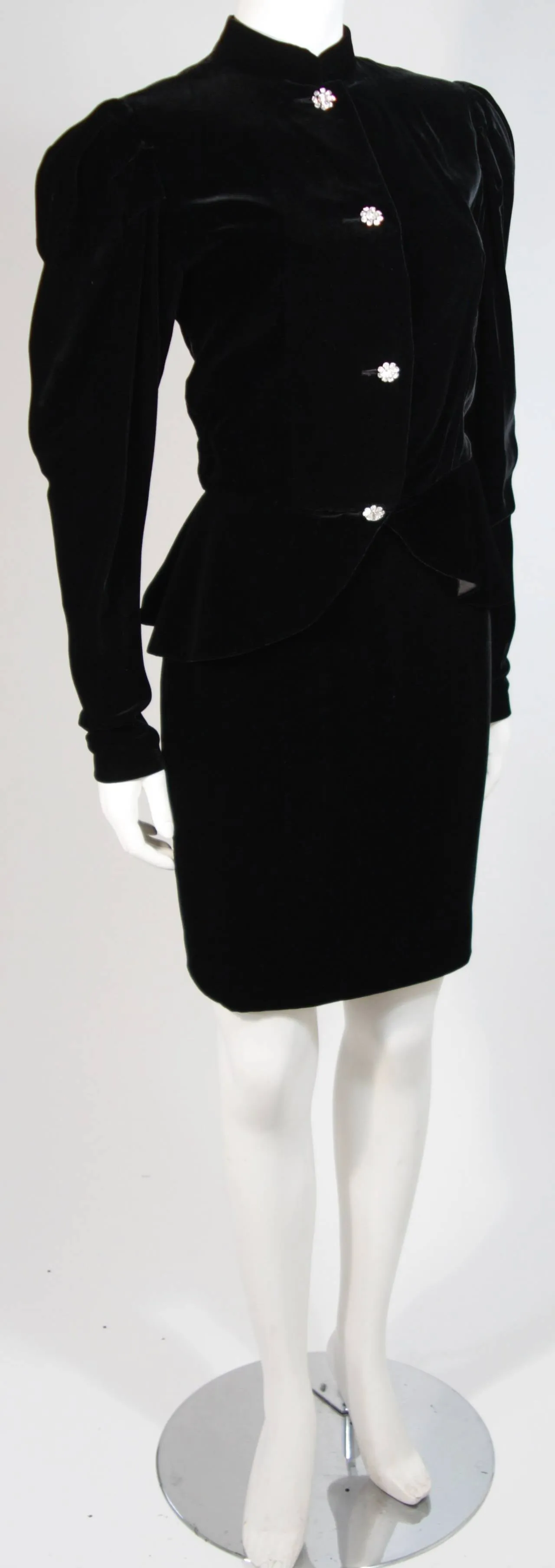 VICKY TIEL Black Velvet Skirt Suit with Rhinestone Buttons Size Small