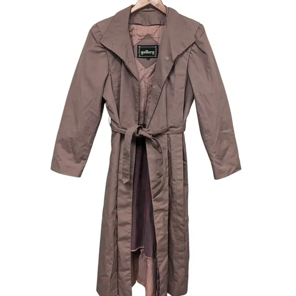 Vintage Gallary Quilted Trench Coat Belted Long Brown Made In Korea