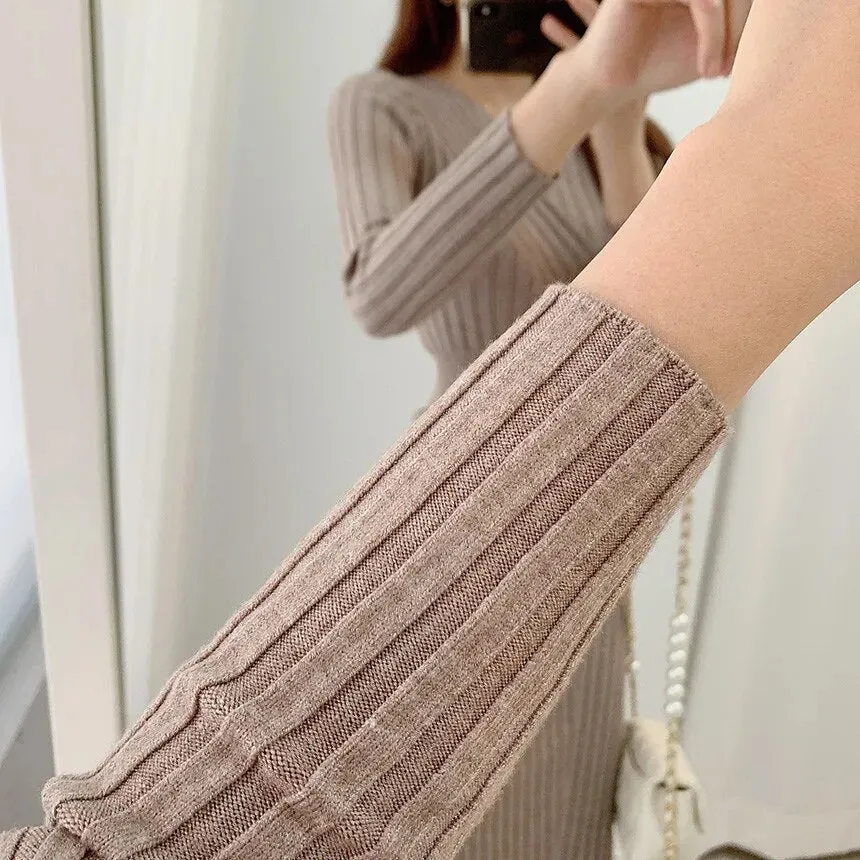 Vintage Long Sleeve Sweater Dresses for Women Party Office Slim Bodycon Knit Midi Dress Gift for Her