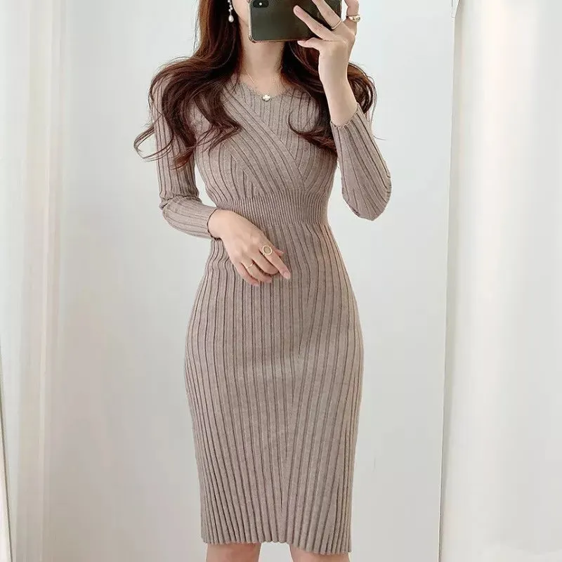 Vintage Long Sleeve Sweater Dresses for Women Party Office Slim Bodycon Knit Midi Dress Gift for Her