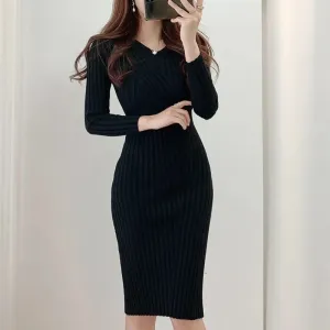 Vintage Long Sleeve Sweater Dresses for Women Party Office Slim Bodycon Knit Midi Dress Gift for Her