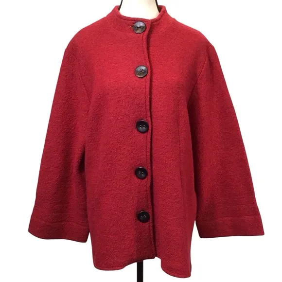 Vintage Ruby Rd Womens 100% Wool Pea Coat Size L Red Button Up Swing Jacket Twee