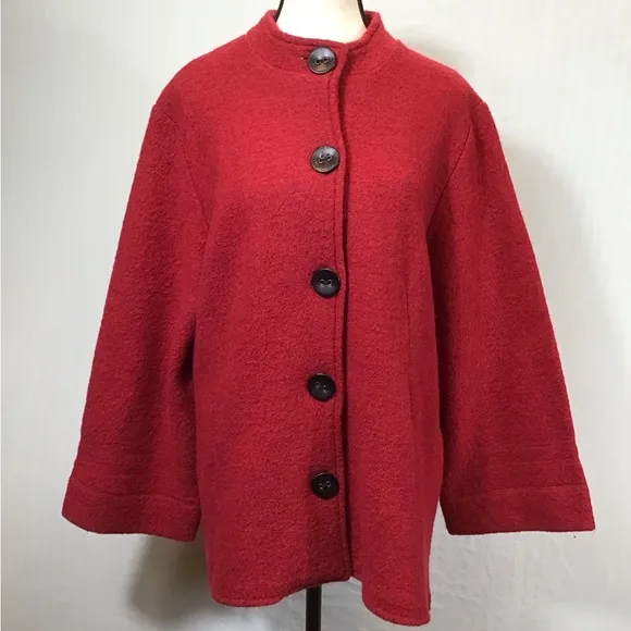 Vintage Ruby Rd Womens 100% Wool Pea Coat Size L Red Button Up Swing Jacket Twee