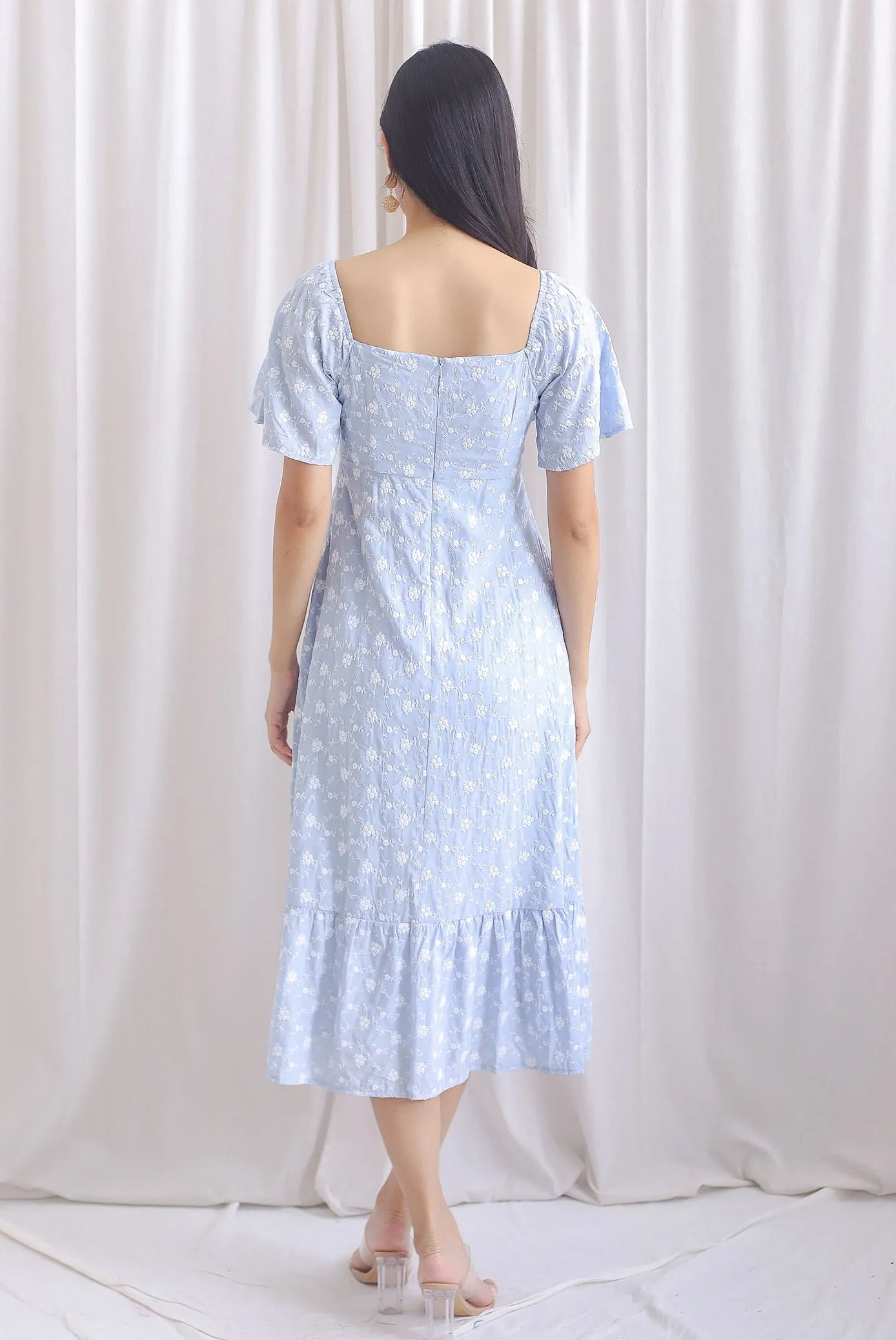 Vivienne Flutter Sleeve Embro Maxi Dress In Sky Blue