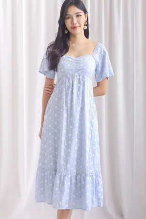 Vivienne Flutter Sleeve Embro Maxi Dress In Sky Blue