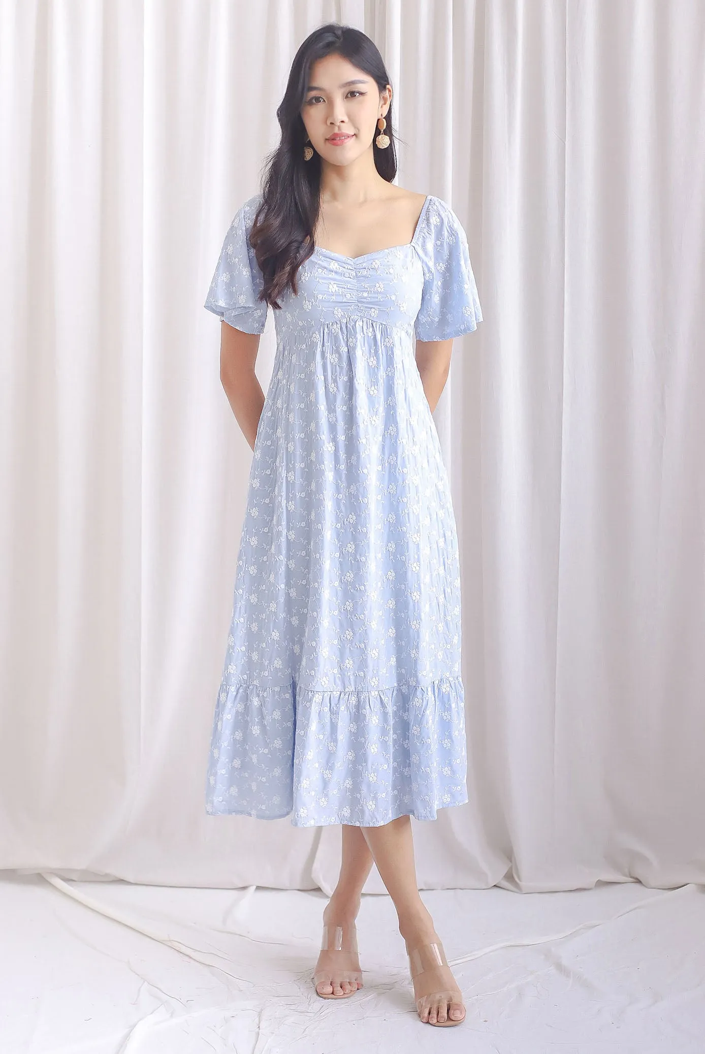 Vivienne Flutter Sleeve Embro Maxi Dress In Sky Blue