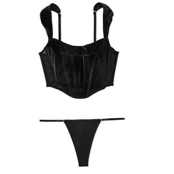 VS Dream Angels Velvet Corset Top Smooth Adjustable Thong Panty Set Black Small