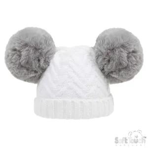 White 'Chevron' Knit Double Pom Pom Hat w/Cotton Lining  (0-6 Months) H630-W-SM