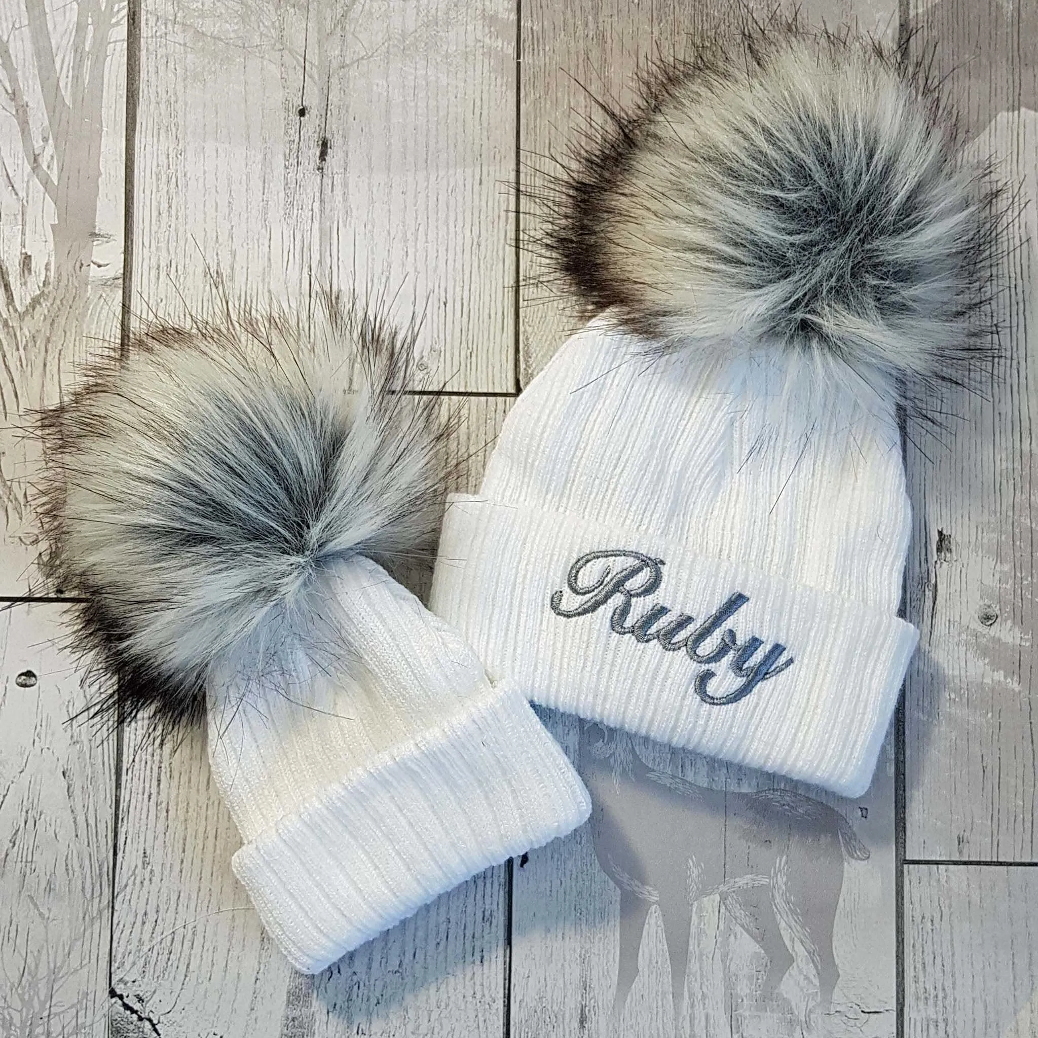 White Faux Fur Baby Pom Pom Hat - Option to Personalise / Add Name