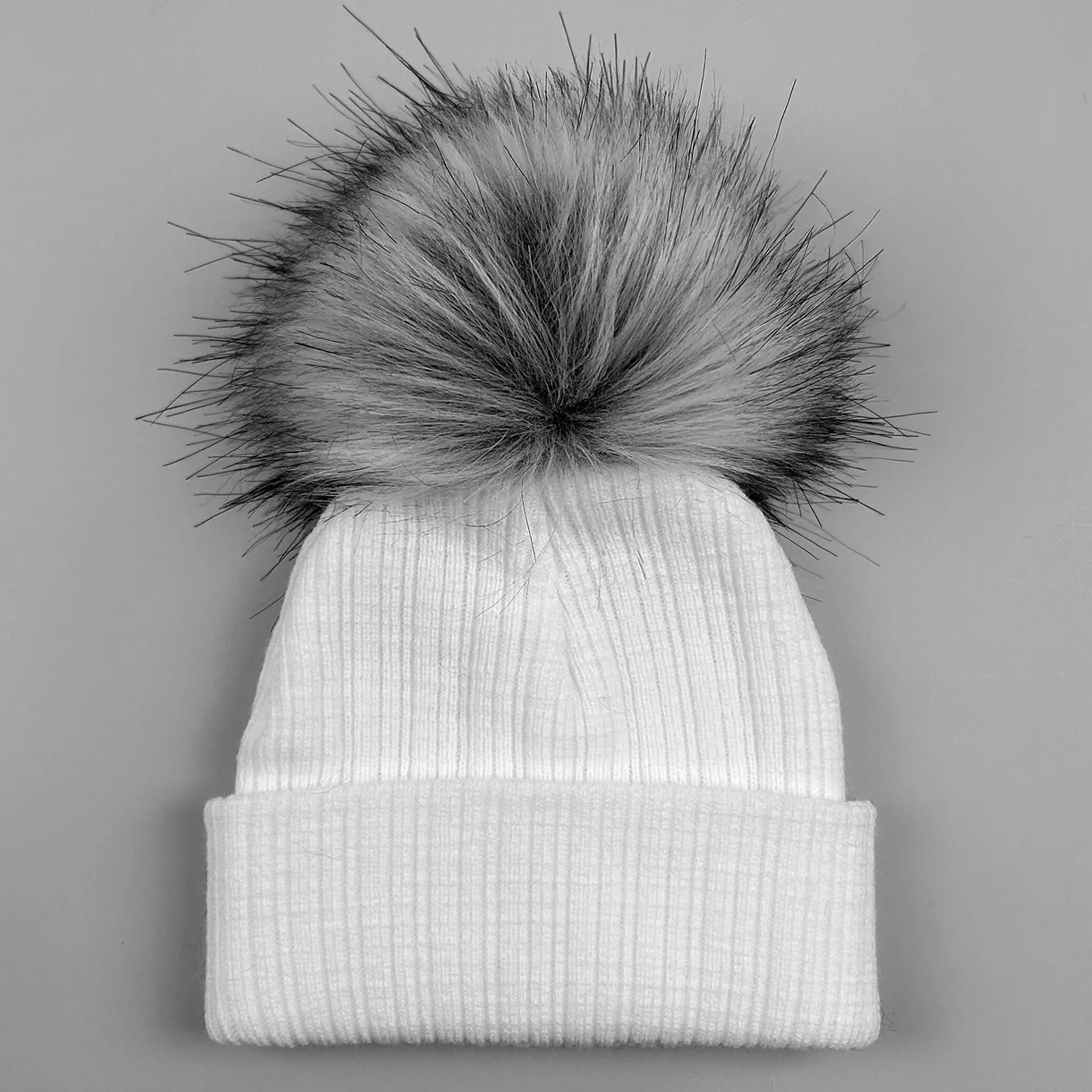 White Faux Fur Baby Pom Pom Hat - Option to Personalise / Add Name