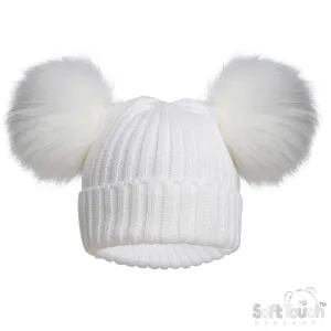 WHITE INFANTS (NB-12M) ACRYLIC RIBBED HAT W/FAUX FUR POM POMS - (NB-12 Months) (PK6) H688-W