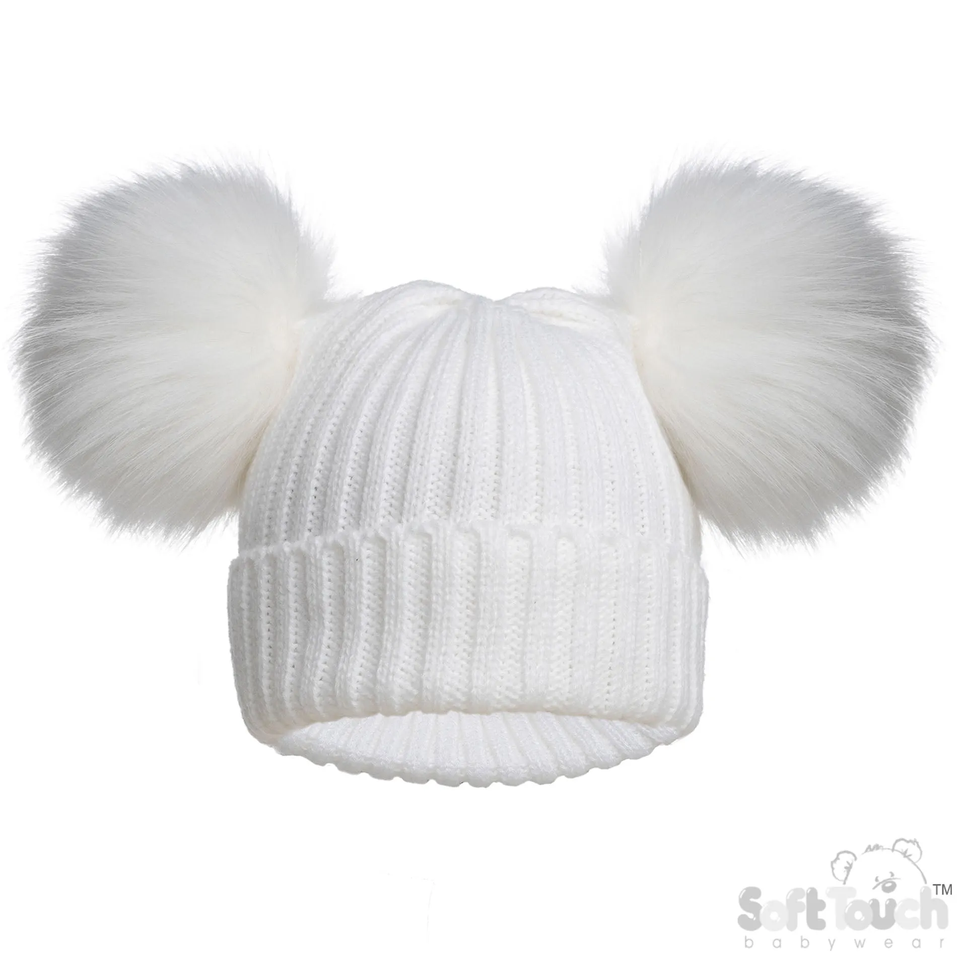 WHITE INFANTS (NB-12M) ACRYLIC RIBBED HAT W/FAUX FUR POM POMS - (NB-12 Months) (PK6) H688-W