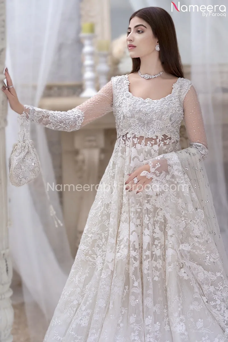 White Lehenga for Walima with Long Maxi Online #BR163