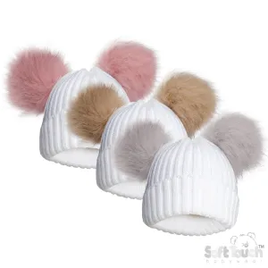 WHITE/ASSORTED COLOURS INFANTS ACRYLIC RIBBED HAT W/FAUX FUR POM POMS - (NB-12 Months) (PK6) H688-COL