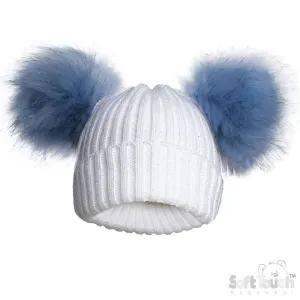 WHITE/BLUE INFANTS ACRYLIC RIBBED HAT W/FAUX FUR POM POMS - (NB-12 Months) (PK6) H688-B