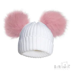 WHITE/PINK INFANTS ACRYLIC RIBBED HAT W/FAUX FUR POM POMS - (NB-12 Months) (PK6) H688-P
