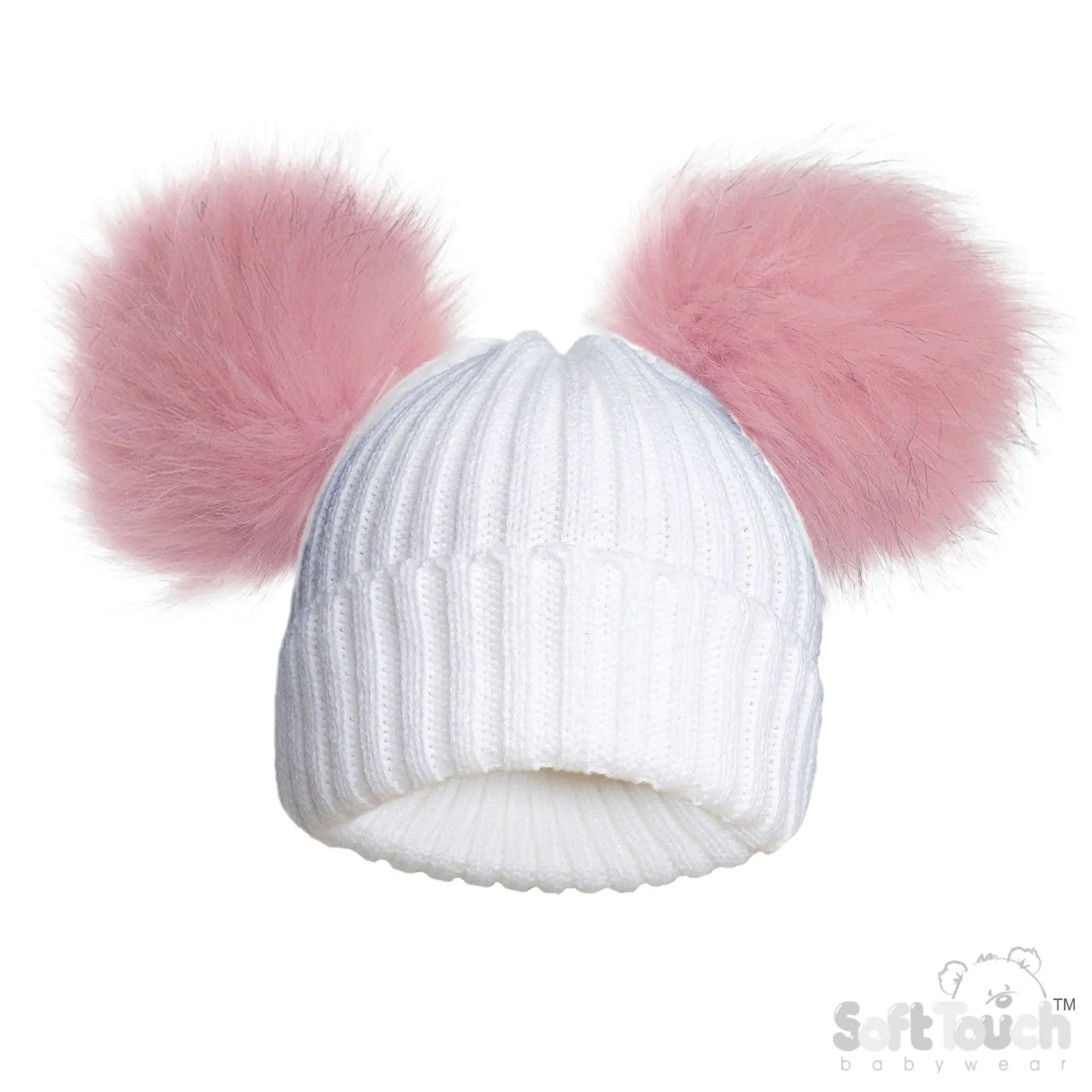 WHITE/PINK INFANTS ACRYLIC RIBBED HAT W/FAUX FUR POM POMS - (NB-12 Months) (PK6) H688-P