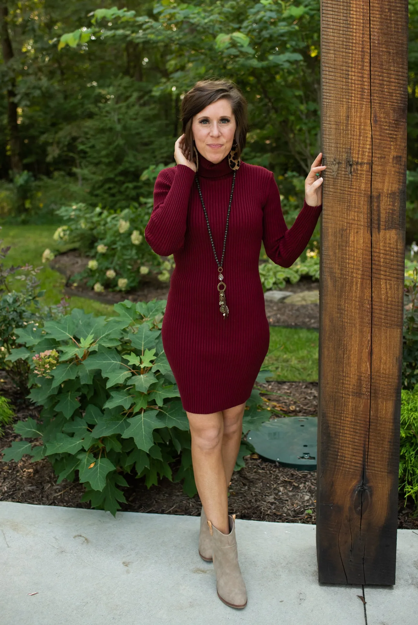 Wine Long Sleeve Rib Knit Sweater Dress
