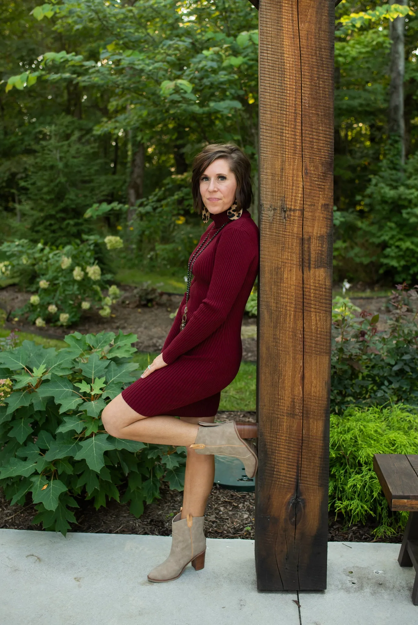 Wine Long Sleeve Rib Knit Sweater Dress