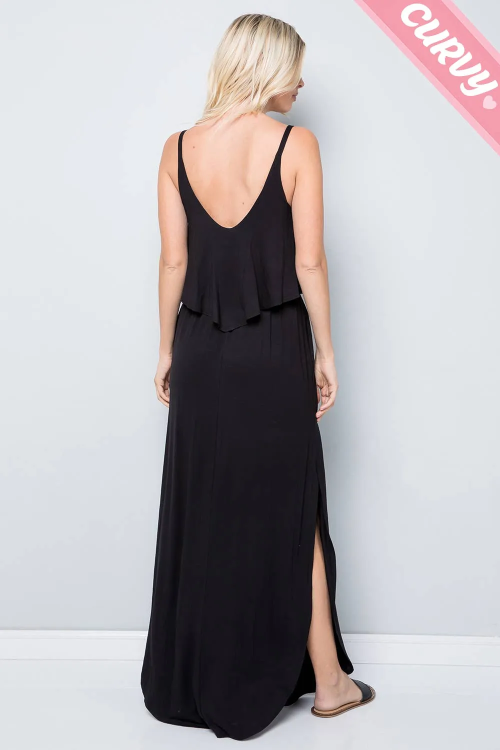 Women's black plus size ruffled draped cami maxi dress with side slits