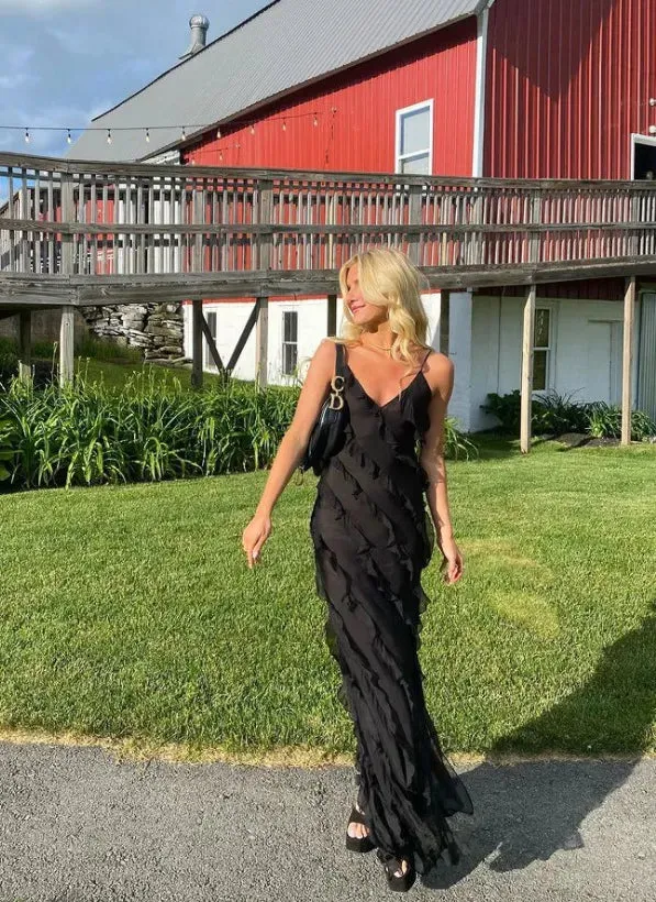 Women's Elegant Deep V-Neck Maxi Dress Sexy Ruffles Backless Party Clubwear Dresses  Side Split Long Dress
