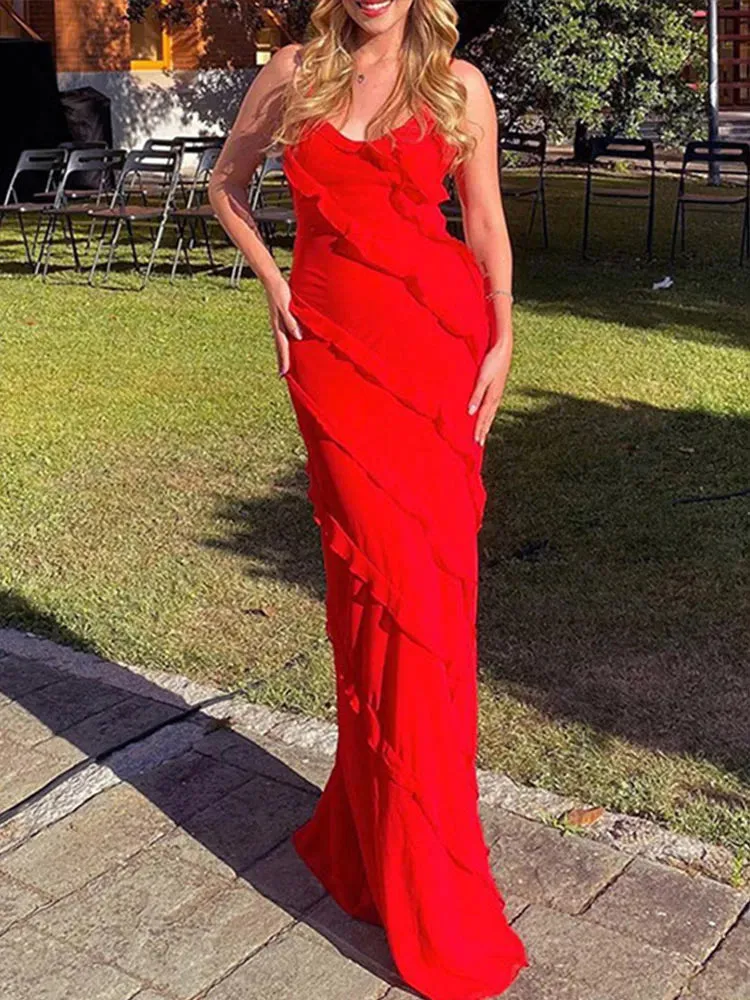 Women's Elegant Deep V-Neck Maxi Dress Sexy Ruffles Backless Party Clubwear Dresses  Side Split Long Dress