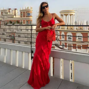 Women's Elegant Deep V-Neck Maxi Dress Sexy Ruffles Backless Party Clubwear Dresses  Side Split Long Dress