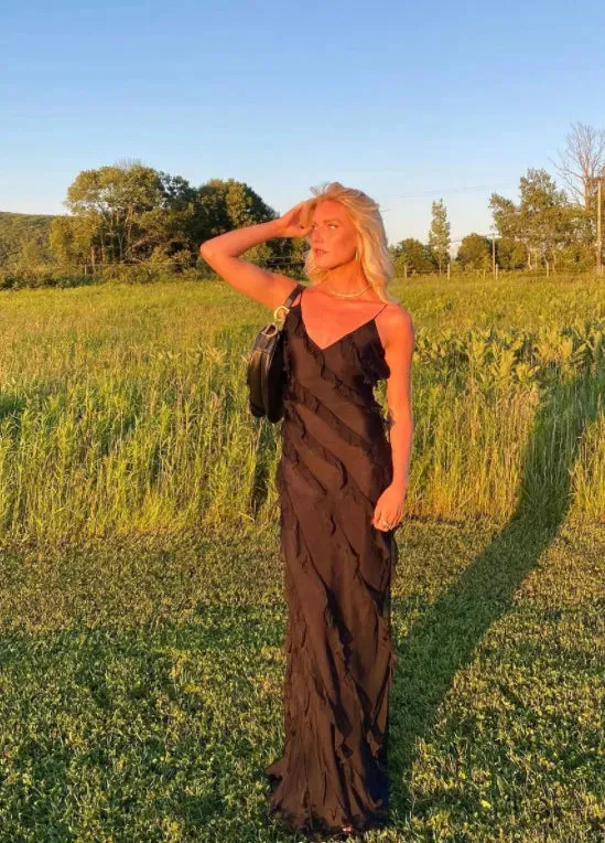 Women's Elegant Deep V-Neck Maxi Dress Sexy Ruffles Backless Party Clubwear Dresses  Side Split Long Dress