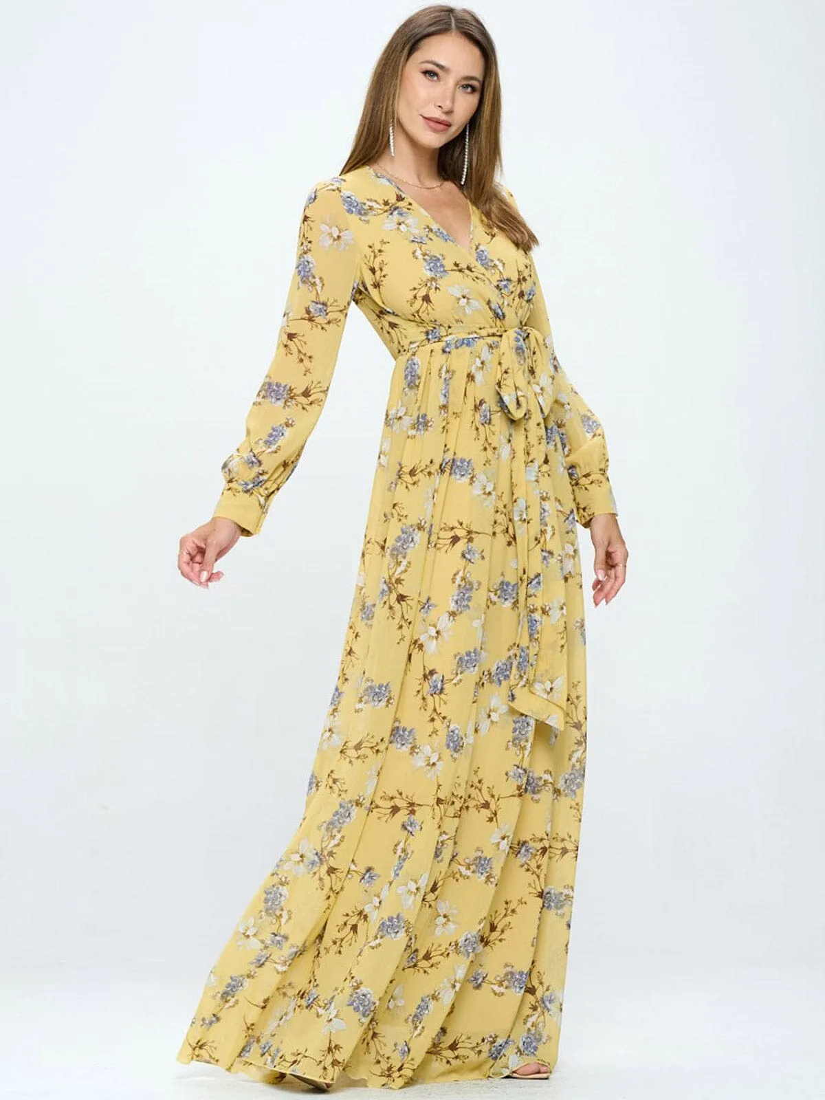 WOMEN'S LONG SLEEVE FLORAL SURPLICE MAXI DRESS
