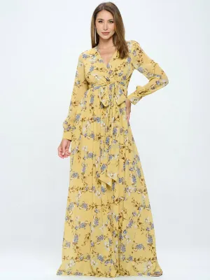 WOMEN'S LONG SLEEVE FLORAL SURPLICE MAXI DRESS