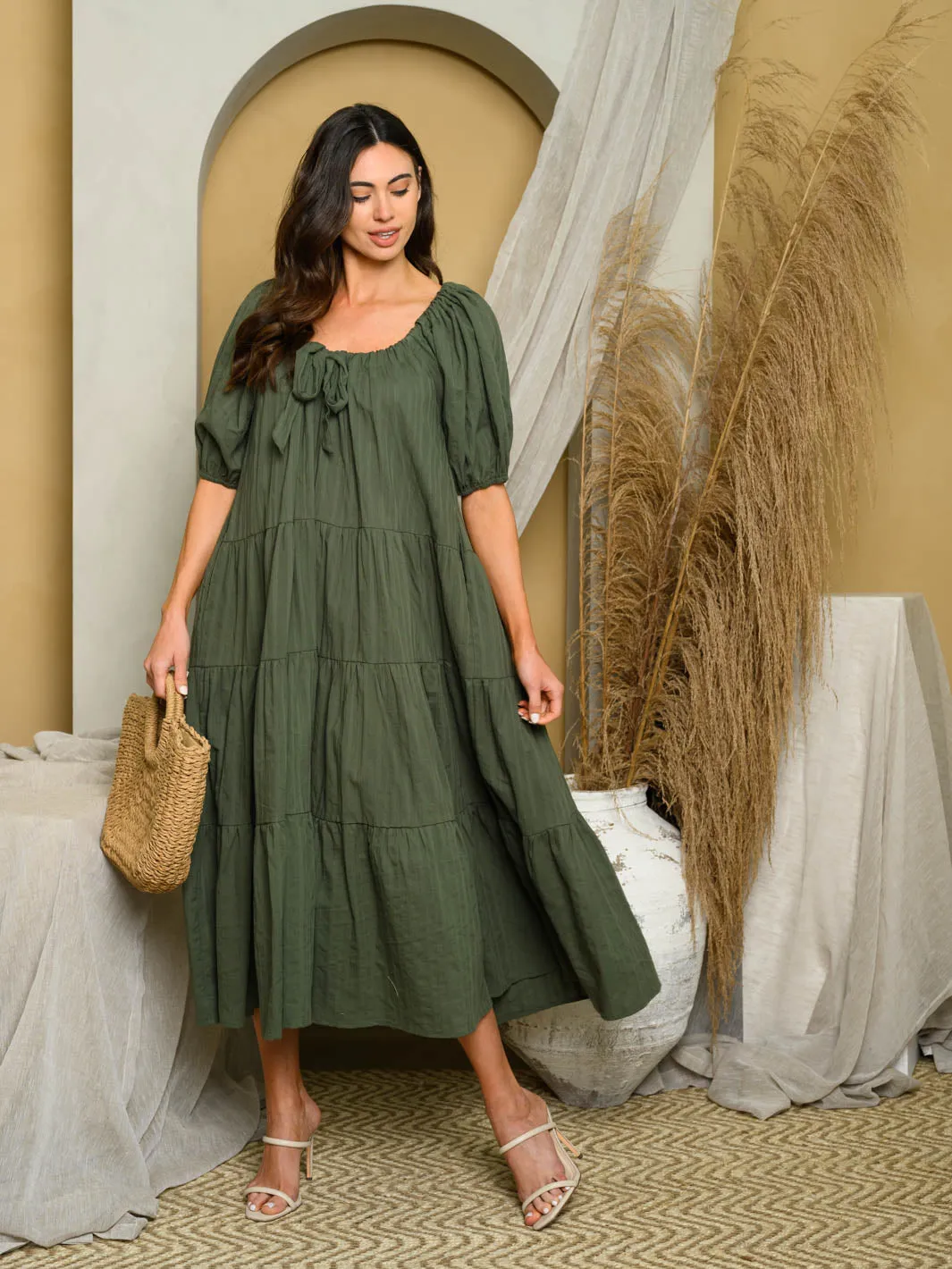 WOMEN'S SHORT PUFF SLEEVE TIERED MAXI DRESS