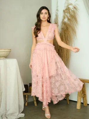 WOMEN'S SLEEVELESS FLUTTER RUFFLE FRILL DETAIL MAXI DRESS