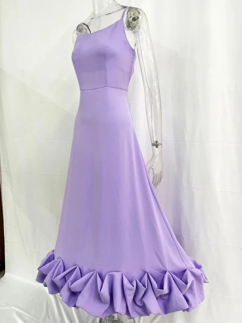 Women's Spaghetti Strap A-Line Dress Ruffles Evening Dresses Elegant Sleeveless Backless Zip-Up Green Party Prom Dress