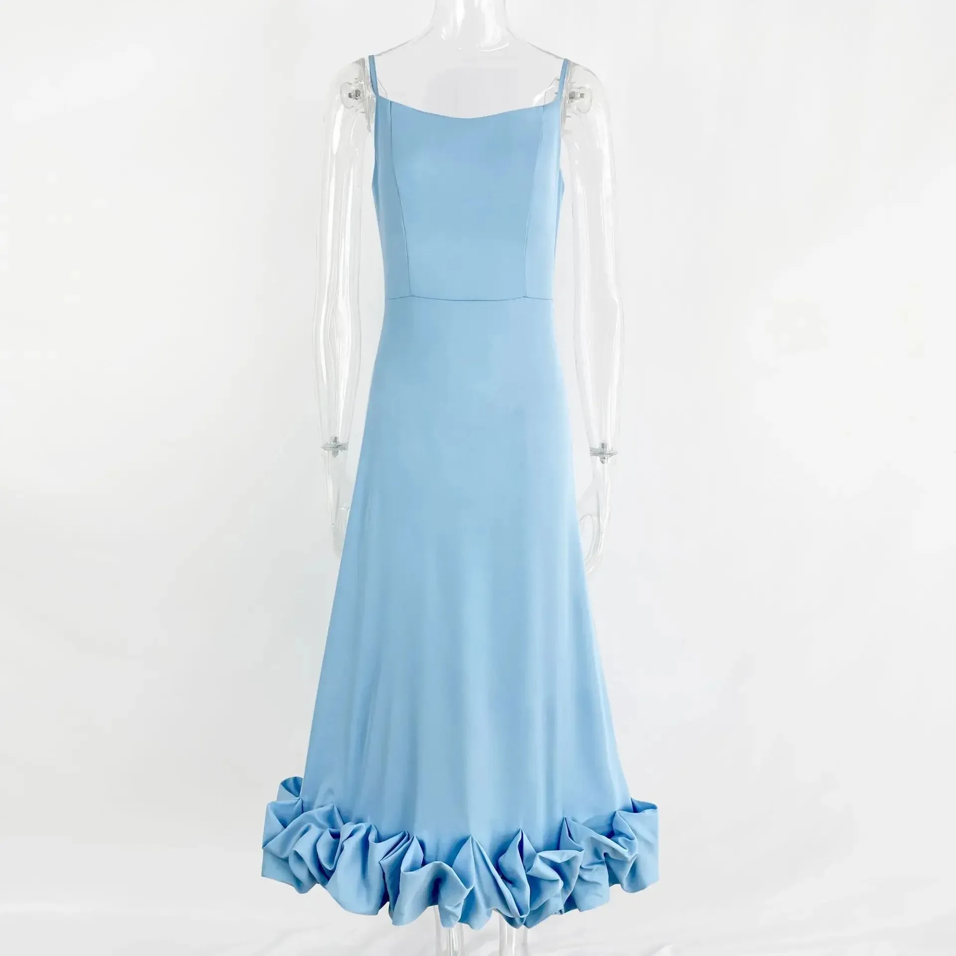 Women's Spaghetti Strap A-Line Dress Ruffles Evening Dresses Elegant Sleeveless Backless Zip-Up Green Party Prom Dress